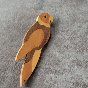 Vintage Wooden Parrot Brooch Inlay Multi Wood Pin MCM Folk 3"